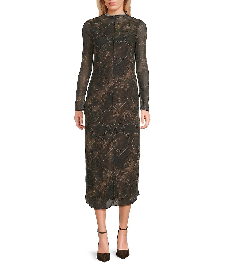 Emory Park Printed Mesh Mock Neck Long Sleeve Midi Dress