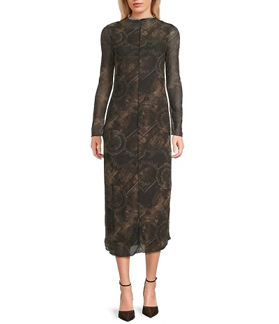 Emory Park Printed Mesh Mock Neck Long Sleeve Midi Dress
