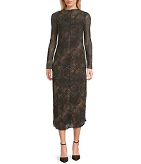 Emory Park Printed Mesh Mock Neck Long Sleeve Midi Dress