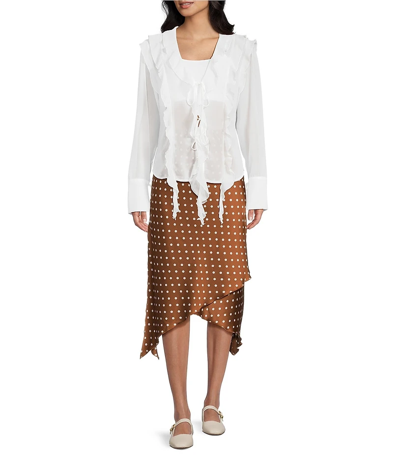 Emory Park Sheer Cascade Ruffle V-Neck Long Sleeve Blouse