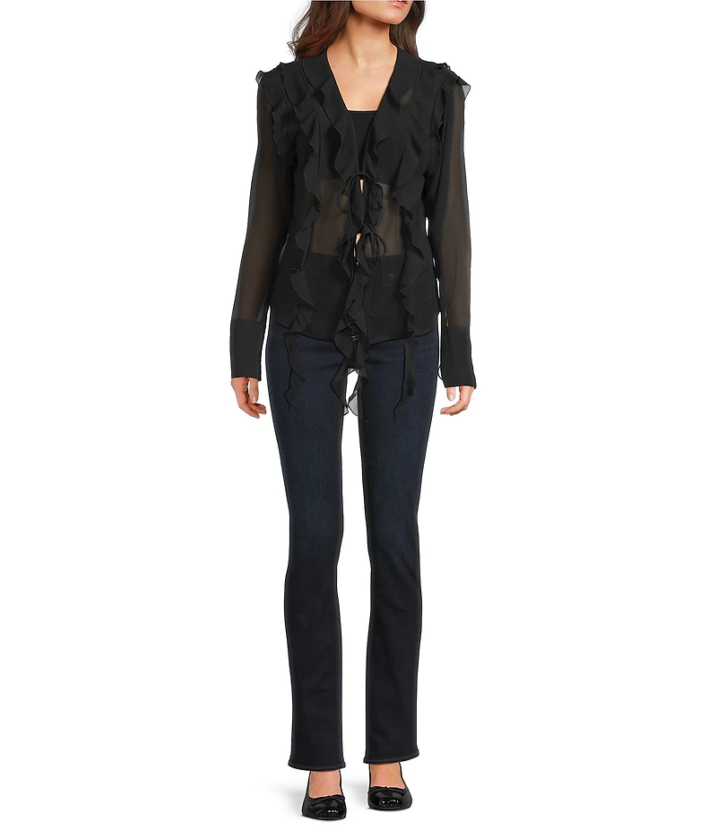 Emory Park Sheer Cascade Ruffle V-Neck Long Sleeve Blouse