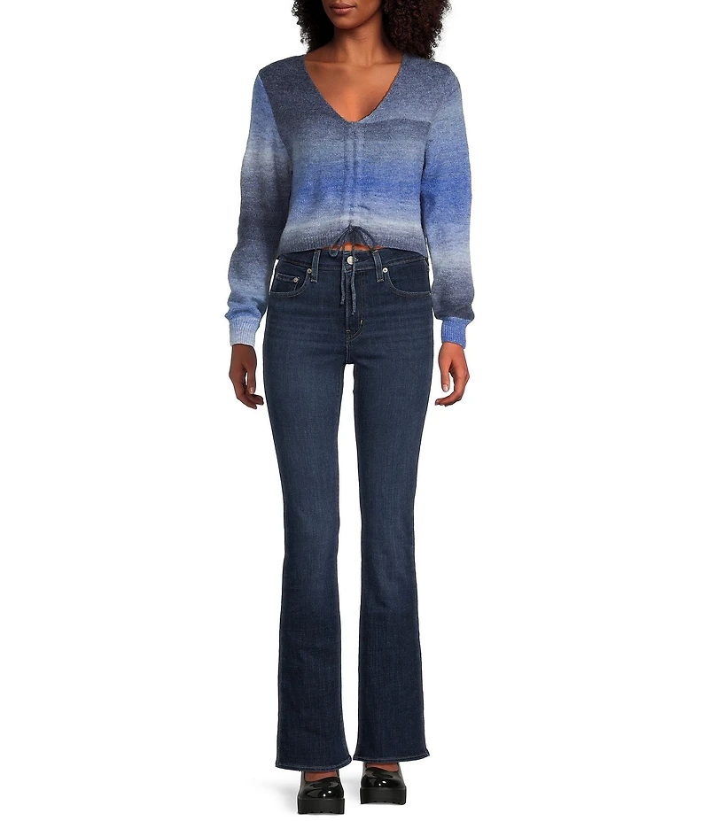 Emory Park Spacedye V-Neck Ruched Tie Front Long Sleeve Cropped Sweater