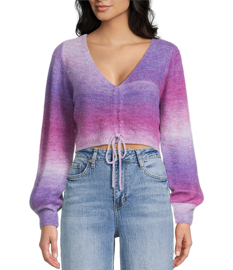 Emory Park Spacedye V-Neck Ruched Tie Front Long Sleeve Cropped Sweater