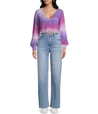 Emory Park Spacedye V-Neck Ruched Tie Front Long Sleeve Cropped Sweater