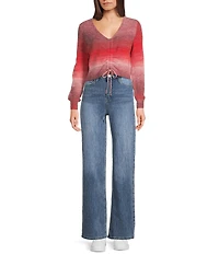 Emory Park Spacedye V-Neck Ruched Tie Front Long Sleeve Cropped Sweater
