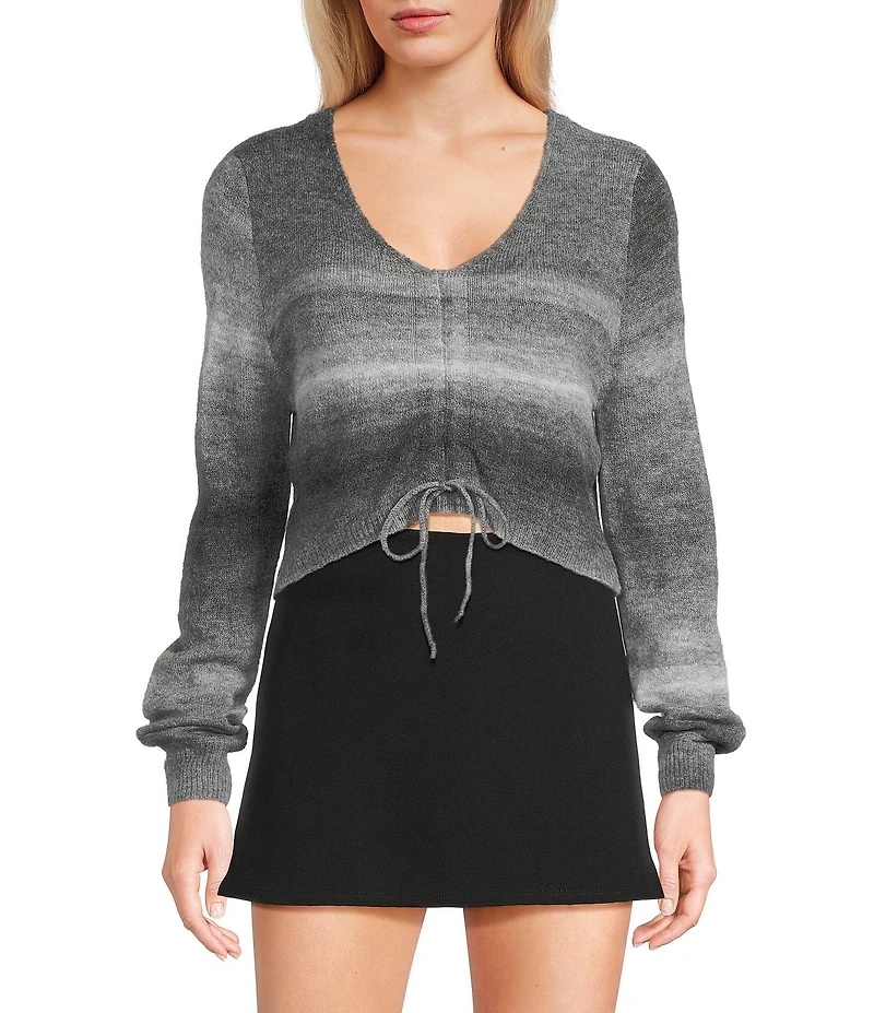 Emory Park Spacedye V-Neck Ruched Tie Front Long Sleeve Cropped Sweater