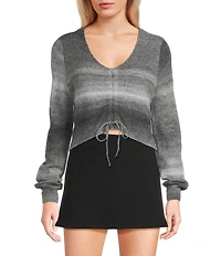 Emory Park Spacedye V-Neck Ruched Tie Front Long Sleeve Cropped Sweater