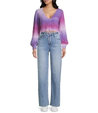 Emory Park Spacedye V-Neck Ruched Tie Front Long Sleeve Cropped Sweater