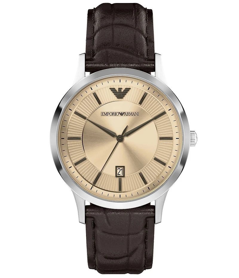 Emporio Armani Men's Quartz Three-Hand Date Brown Leather Strap Watch