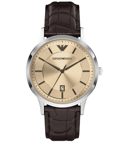 Emporio Armani Men's Quartz Three-Hand Date Brown Leather Strap Watch