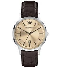 Emporio Armani Men's Quartz Three-Hand Date Brown Leather Strap Watch