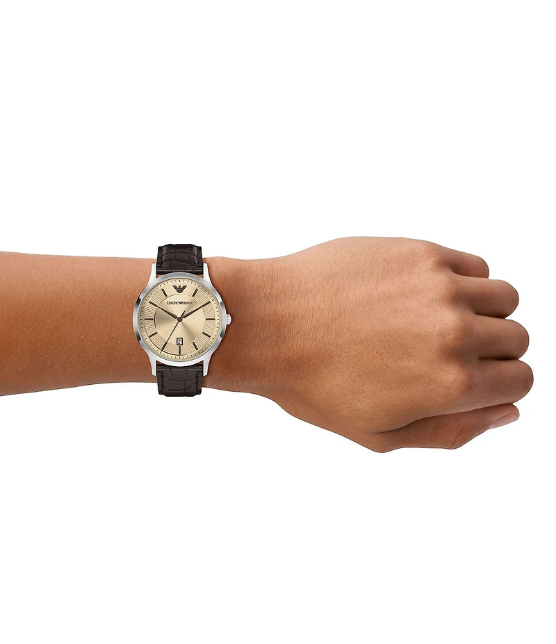 Emporio Armani Men's Quartz Three-Hand Date Brown Leather Strap Watch