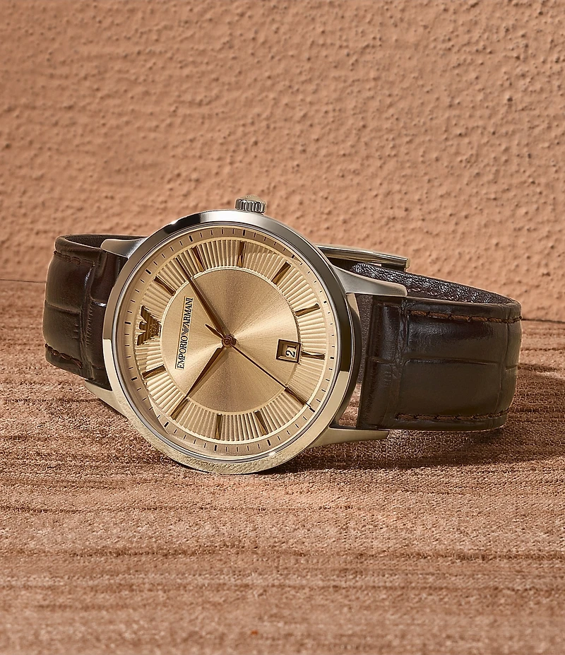 Emporio Armani Men's Quartz Three-Hand Date Brown Leather Strap Watch