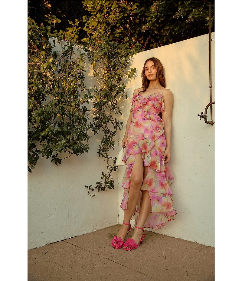 En Saison Amari Floral Print V-Neck Sleeveless Asymmetrical Hem Maxi Dress