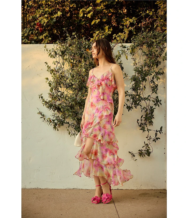 En Saison Amari Floral Print V-Neck Sleeveless Asymmetrical Hem Maxi Dress