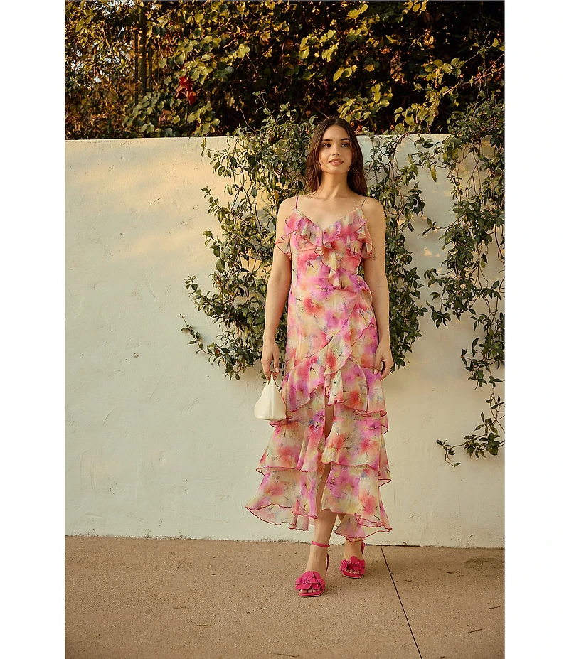 En Saison Amari Floral Print V-Neck Sleeveless Asymmetrical Hem Maxi Dress