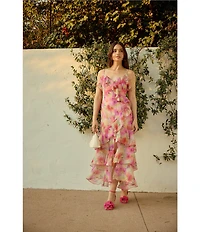 En Saison Amari Floral Print V-Neck Sleeveless Asymmetrical Hem Maxi Dress