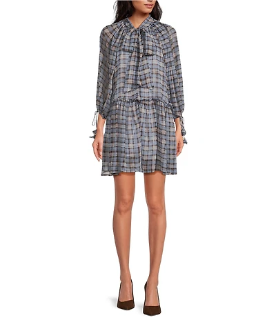 En Saison Briar Bow Tie Neckline Long Sleeve Plaid Mini Dress