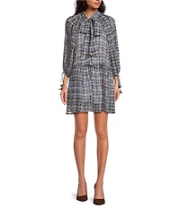 En Saison Briar Bow Tie Neckline Long Sleeve Plaid Mini Dress