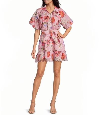 En Saison Celeste Floral Print Collared Neck Short Sleeve Belted Mini Dress