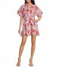 En Saison Celeste Floral Print Collared Neck Short Sleeve Belted Mini Dress