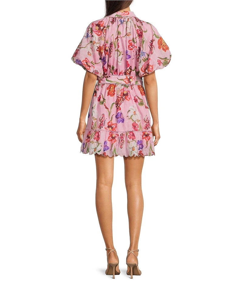 En Saison Celeste Floral Print Collared Neck Short Sleeve Belted Mini Dress