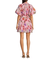 En Saison Celeste Floral Print Collared Neck Short Sleeve Belted Mini Dress