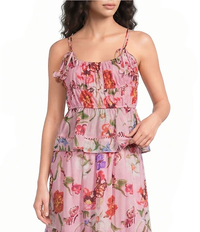 En Saison Celeste Floral Print Scoop Neck Sleeveless Coordinating Peplum Top