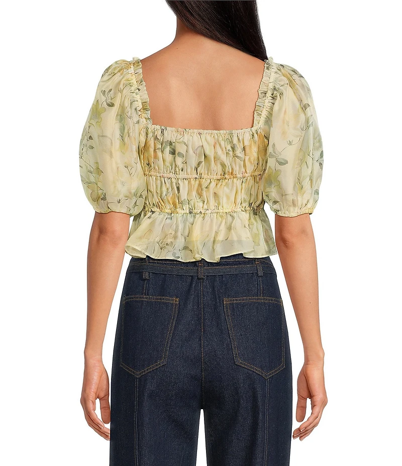 En Saison Elliot Floral Print Scoop Neck Short Puff Sleeve Organza Top