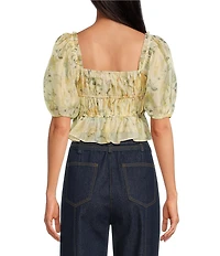 En Saison Elliot Floral Print Scoop Neck Short Puff Sleeve Organza Top