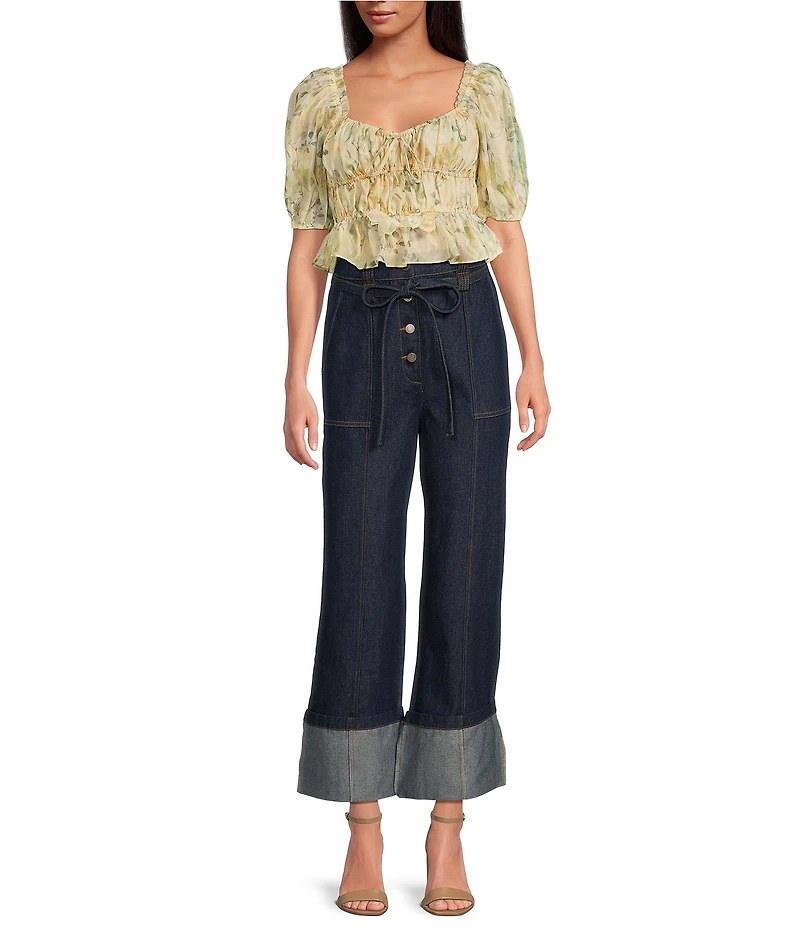 En Saison Elliot Floral Print Scoop Neck Short Puff Sleeve Organza Top