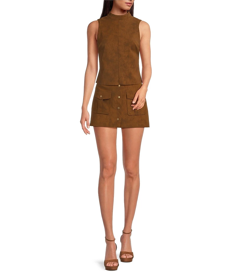 En Saison Eloise Coordinating Faux Suede Button Front Mini Skirt