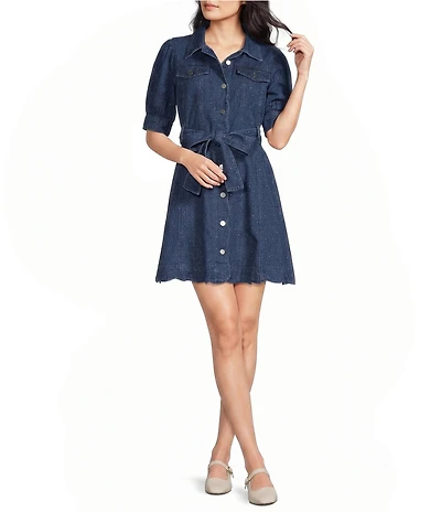 En Saison Heidi Denim Point Collar Short Sleeve Belted Scalloped Hem Mini Dress
