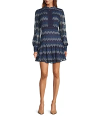 En Saison Lorraine Chevron Print Collared Long Puff Sleeve Mini Dress