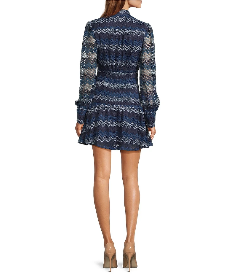 En Saison Lorraine Chevron Print Collared Long Puff Sleeve Mini Dress