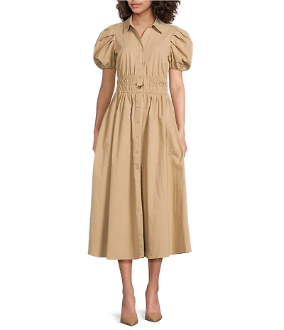En Saison Marleigh Collared Short Puff Sleeve Midi Shirt Dress