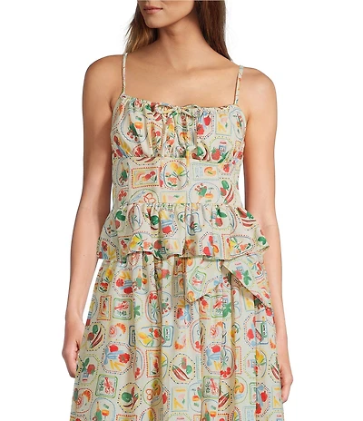 En Saison Nayeli Fruit Print Linen Blend Square Neck Sleeveless Peplum Coordinating Top
