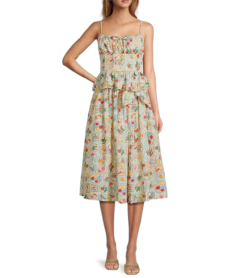 En Saison Nayeli Fruit Print Linen Blend Square Neck Sleeveless Peplum Coordinating Top