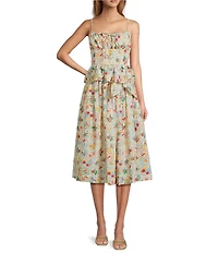 En Saison Nayeli Fruit Print Linen Blend Square Neck Sleeveless Peplum Coordinating Top