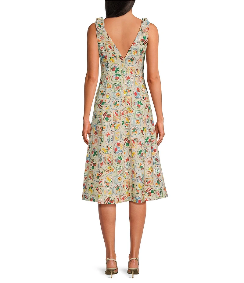 En Saison Nayeli Fruit Print Linen Blend V-Neck Sleeveless Button Front Midi Dress