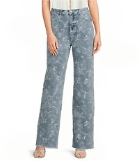 En Saison Opal Printed Slim Bootcut Medium Wash Raw Hem Denim Jeans