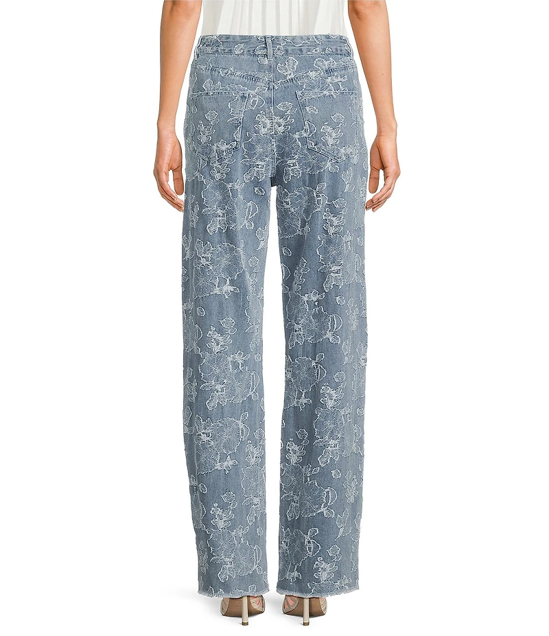 En Saison Opal Printed Slim Bootcut Medium Wash Raw Hem Denim Jeans