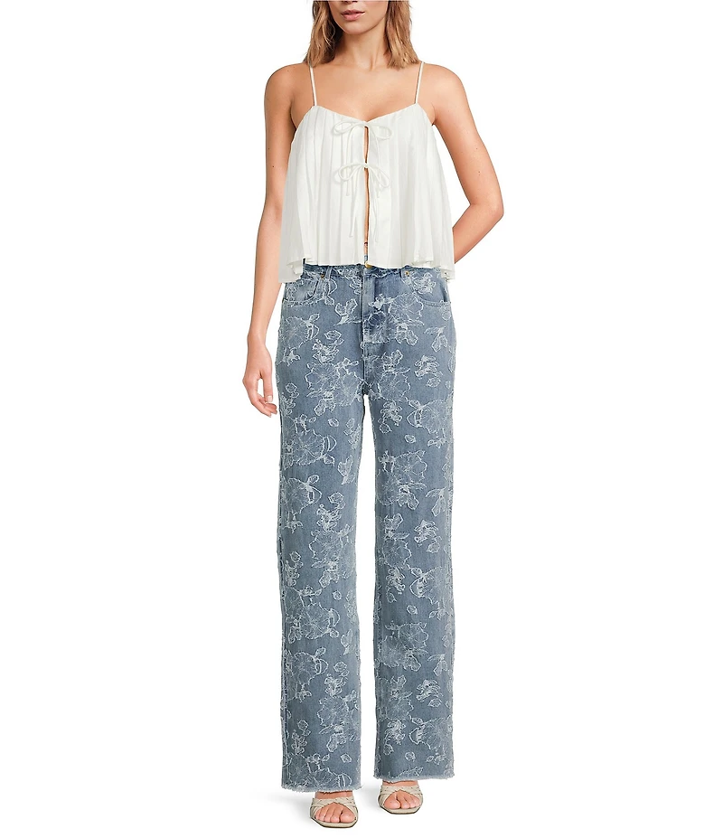 En Saison Opal Printed Slim Bootcut Medium Wash Raw Hem Denim Jeans