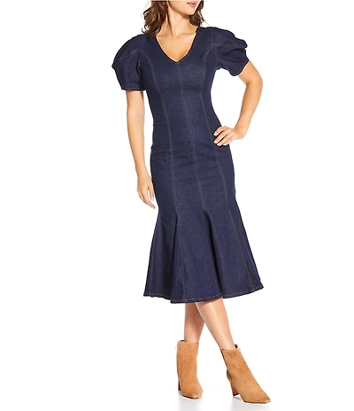 En Saison Seraphina V-Neck Short Puff Sleeve Denim Midi Dress