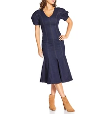 En Saison Seraphina V-Neck Short Puff Sleeve Denim Midi Dress