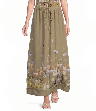 En Saison Yvette Floral Border Printed Drawstring Waist Coordinating Woven Maxi Skirt