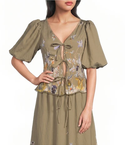 En Saison Yvette Floral Border Printed V-Neck Short Sleeve Tie Front Coordinating Woven Top