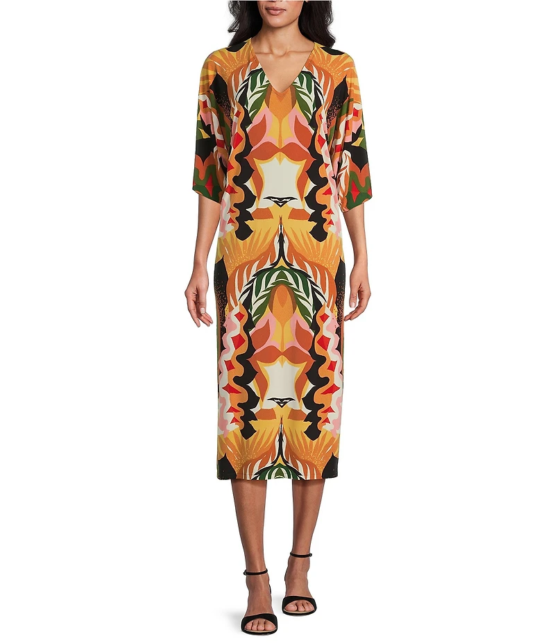 Eva Varro Abstract Leaf Print V-Neck Elbow Sleeve Dress
