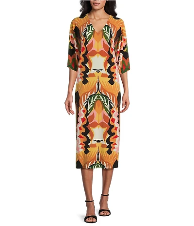 Eva Varro Abstract Leaf Print V-Neck Elbow Sleeve Dress