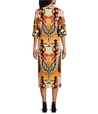 Eva Varro Abstract Leaf Print V-Neck Elbow Sleeve Dress